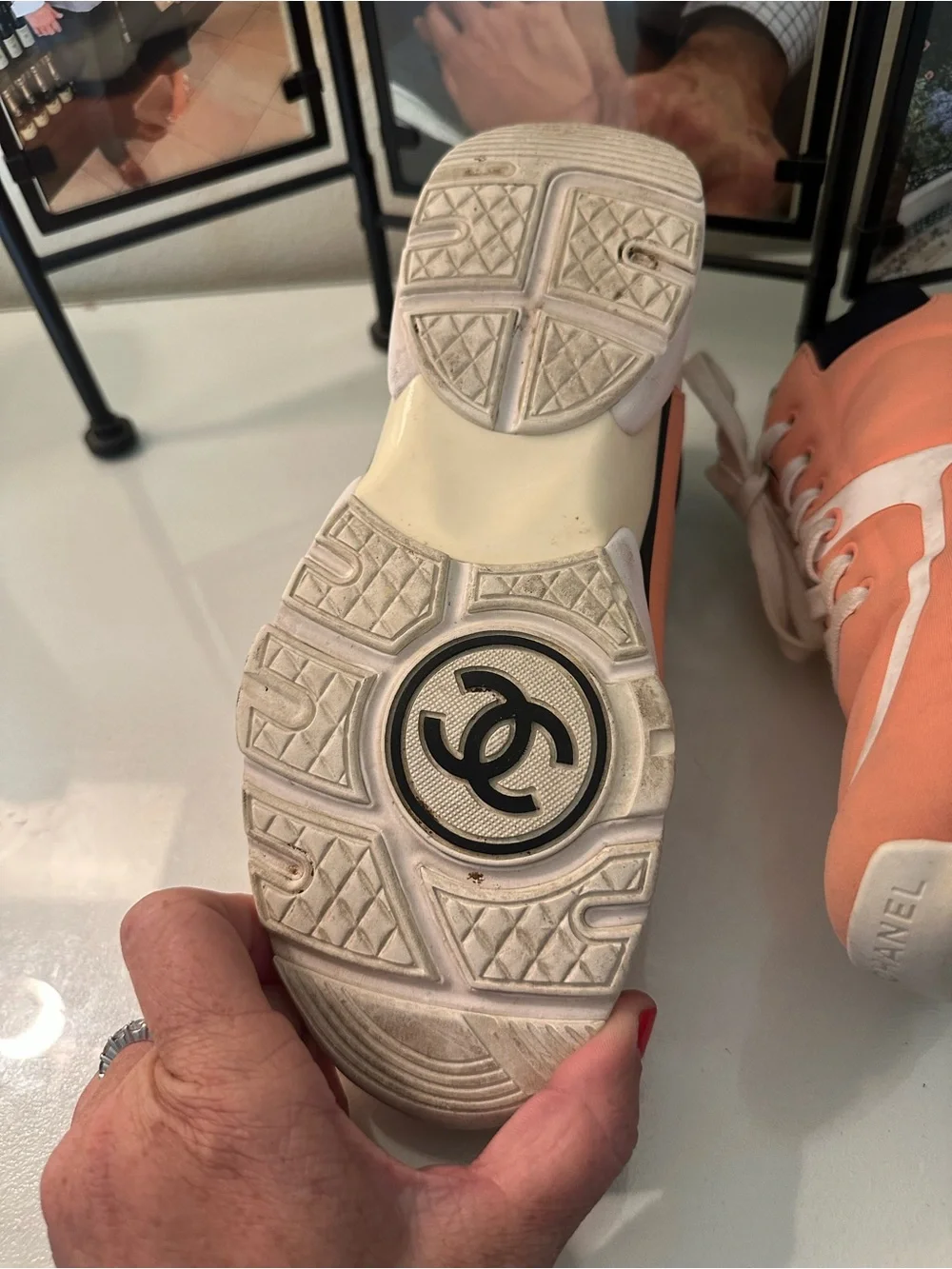 CHANEL Coral/Peach and White CC Logo Lace-Up Sneakers